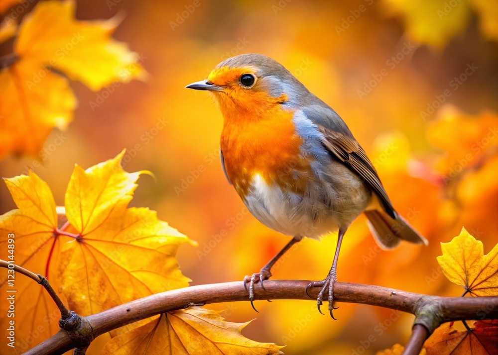 Obraz premium European Robin on Autumn Tree Branch with Orange and Yellow Leaves - Stock Photo