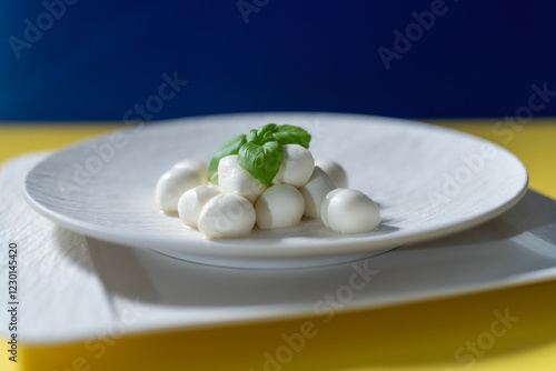 Homemade food, snow-white mozzarella balls, and basil, on parcel plates and an unusual background.