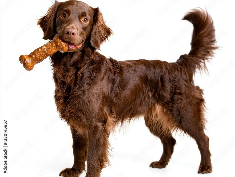 curly coated retriever is joyfully chewing on bone displaying its playful nature against clean white background. dog is in profile view showcasing its fluffy coat and eager expression. curly coated retriever is joyfully chewing on bone displaying its playful nature against clean white background. dog is in profile view showcasing its fluffy coat and eager expression.