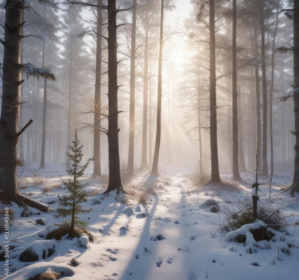 Naklejka premium Soft sunlight breaking through fog in snowy woods, cold, frosty