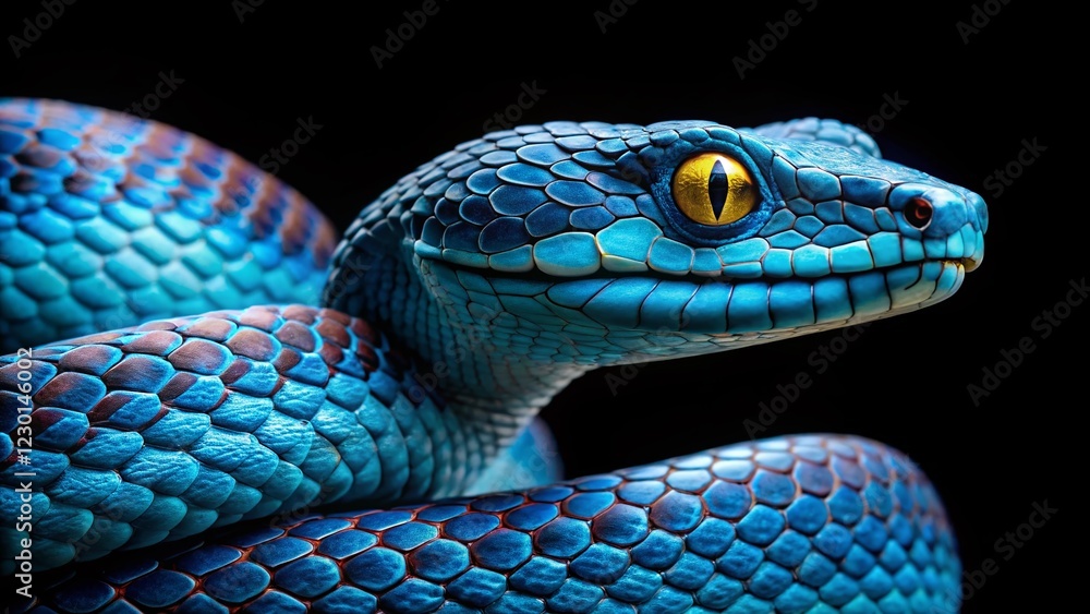 Fototapeta premium Exotic Blue Insularis Viper Snake Closeup - Venomous Reptile Isolated on Black