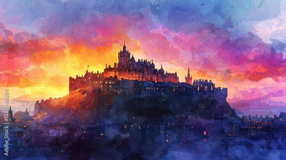 Majestic Stone Castle at Sunset over Cityscape A Digital Painting Majestic Stone Castle at Sunset over Cityscape A Digital Painting