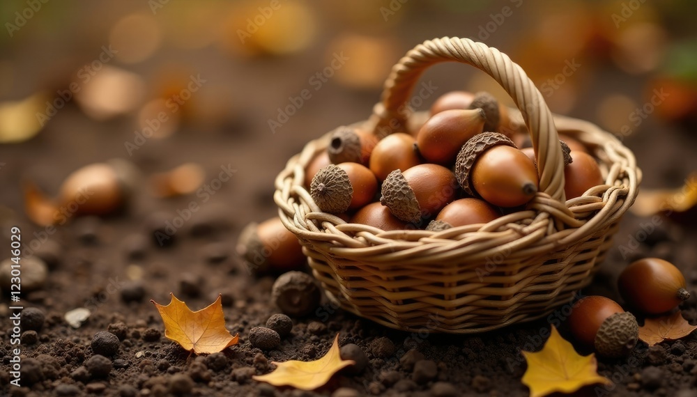 Freshly fallen acorns in a handmade woven basket on dirt floor, fall, natural fiber