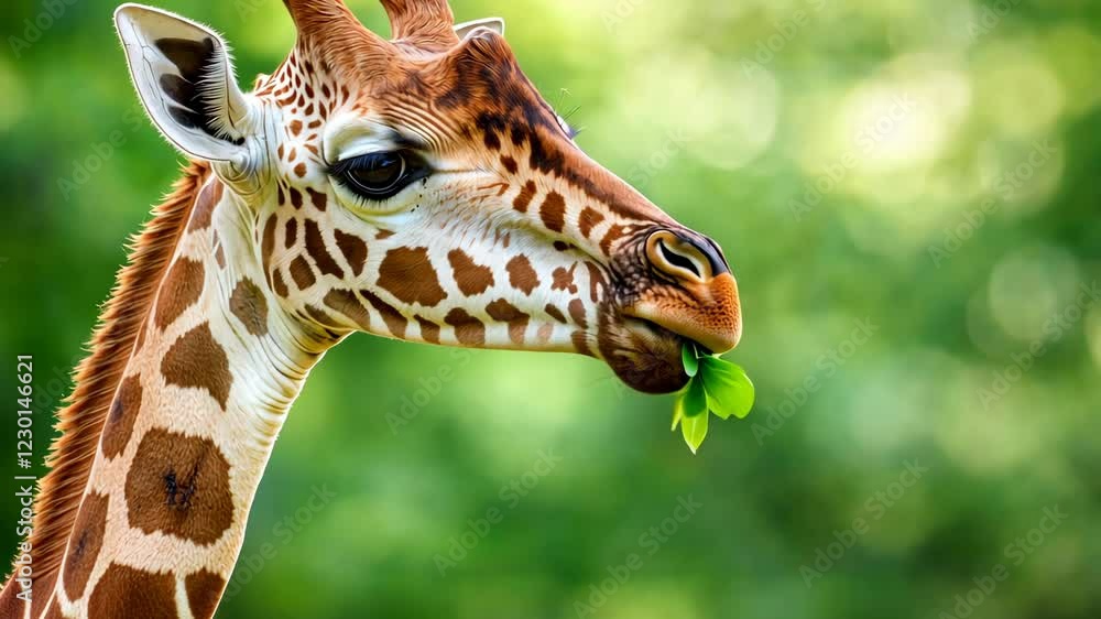 Giraffe Reaching Up to Eat Leaves from Tall Tree in Lush Greenery Against Soft Focus Background Giraffe Reaching Up to Eat Leaves from Tall Tree in Lush Greenery Against Soft Focus Background