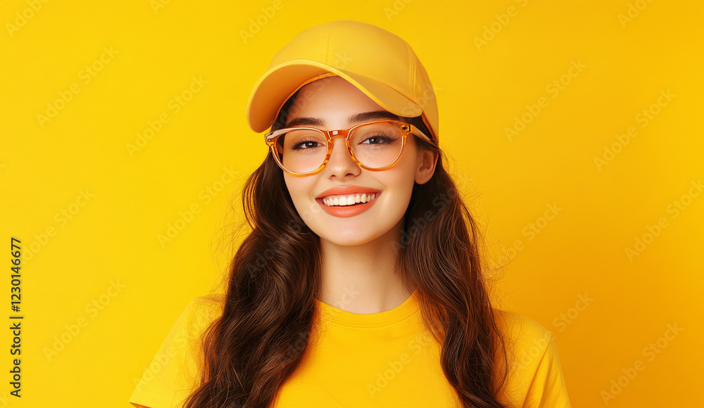 Radiant in Yellow: A young woman with long brown hair smiles brightly, wearing a yellow baseball cap and glasses against a vibrant yellow background. Her joyful expression is infectious. Radiant in Yellow: A young woman with long brown hair smiles brightly, wearing a yellow baseball cap and glasses against a vibrant yellow background. Her joyful expression is infectious.