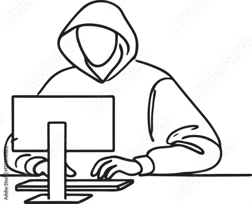Modern Computer Hacker Stereotype in Line Drawing Style