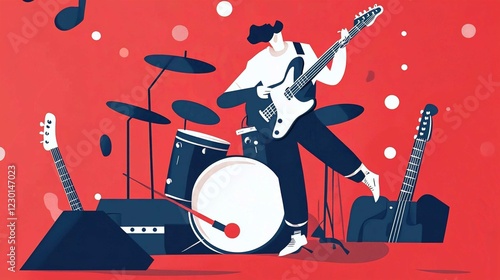 Energetic Rock Band Performing Live Concert with Guitarist Drummer and Singer on Stage