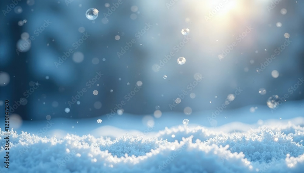 Fototapeta premium Frosty landscape with delicate snowflakes gently falling on a grey background, snowflake, winter, nature