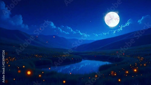 Wallpaper Mural Enchanting moonlit valley with glowing fireflies and serene water reflections. Seamless looping time-lapse animation video background
 Torontodigital.ca