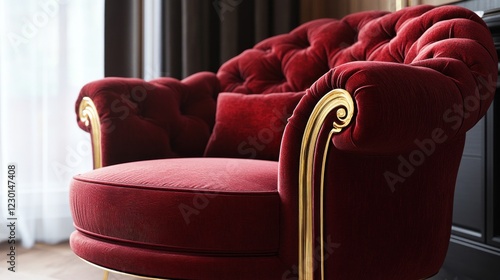 Elegant Red Velvet Armchair with Gold Accents