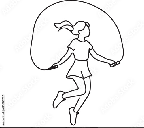 Fitness and Fun: Line Drawing of a Girl Skipping Rope - Vector