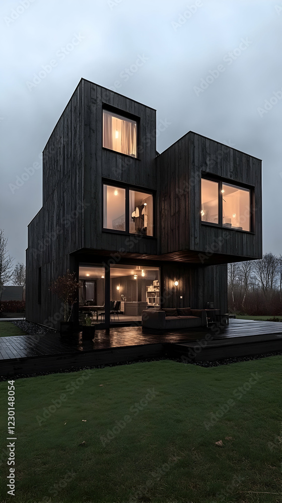 Modern dark house, twilight, garden Modern dark house, twilight, garden