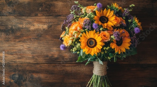 Wallpaper Mural Autumn flower arrangement with sunflowers, chrysanthemums, and pumpkins in a rustic wooden vase for fall decor Torontodigital.ca
