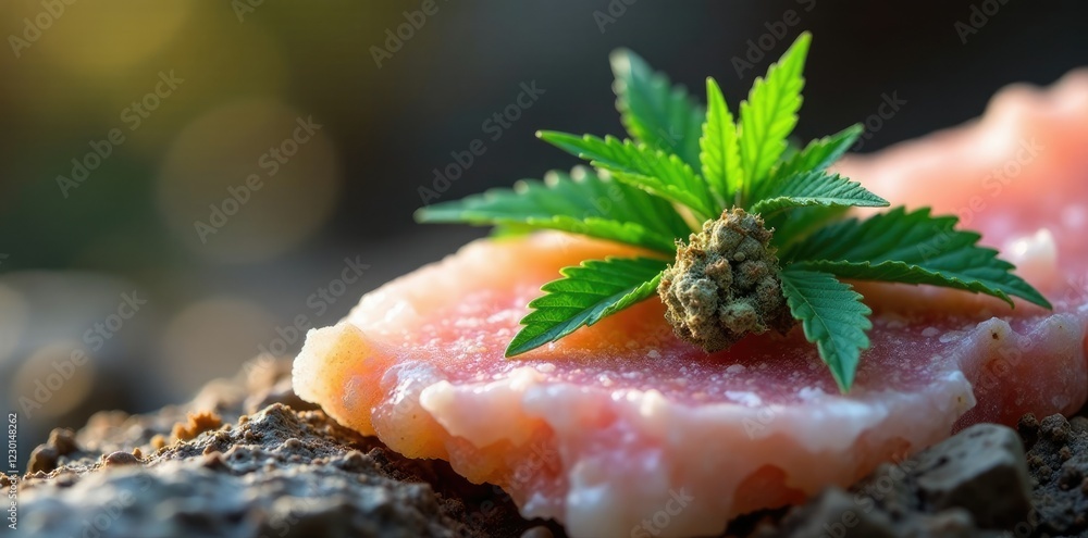 Leafy greens and buds on a large Himalayan salt formation, nature scenes, marijuana Leafy greens and buds on a large Himalayan salt formation, nature scenes, marijuana