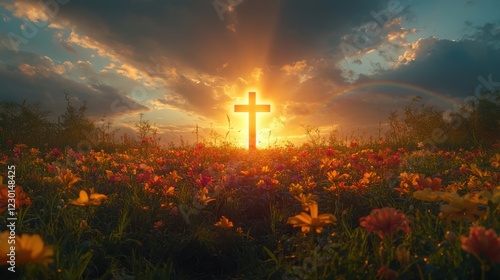 A glowing cross in the center of a tranquil field, vibrant Easter flowers blooming around it