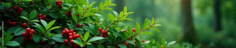 Obraz premium Low growing evergreen shrub with bright red berries, forest, shrubs