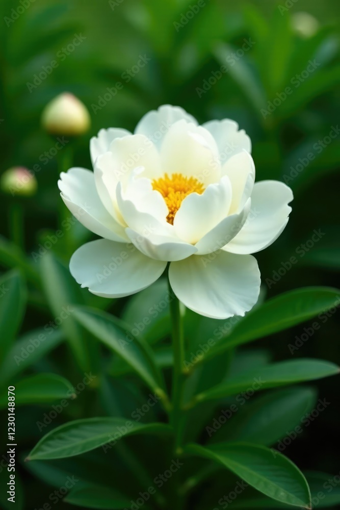 Lush green foliage surrounds a stunning white peony flower, nature, lush greenery, flora Lush green foliage surrounds a stunning white peony flower, nature, lush greenery, flora