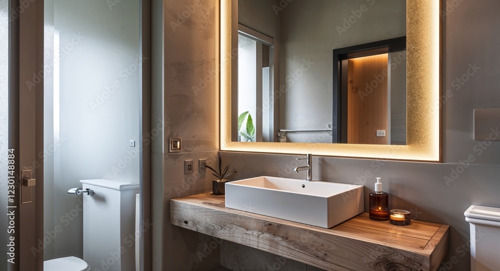 Small bathroom with floating sink and wall mirror Small bathroom with floating sink and wall mirror
