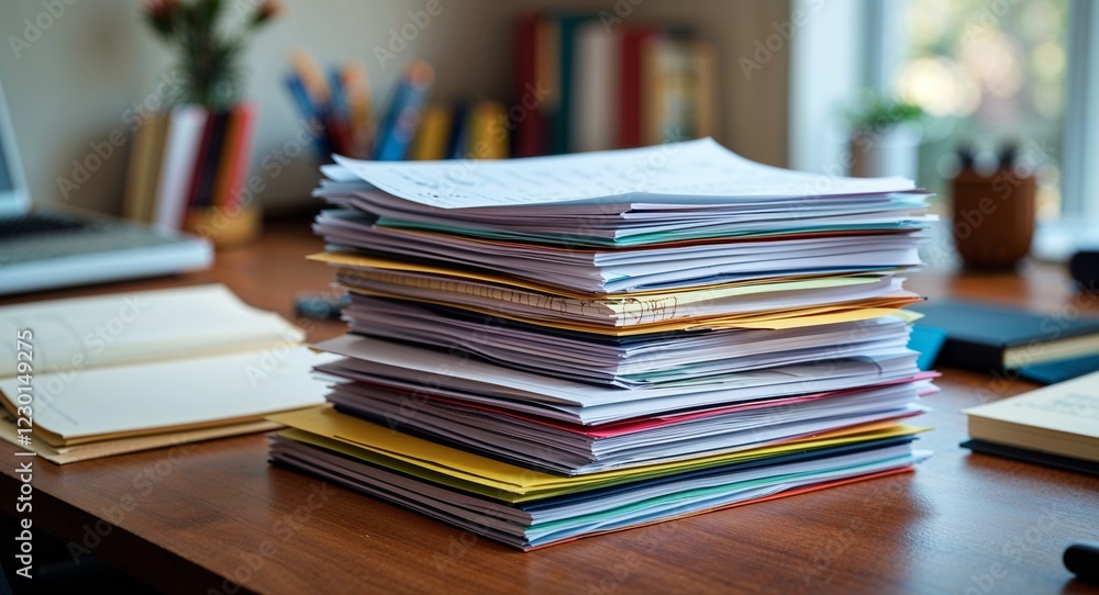 Stack of therapy session notes placed neatly on desk Stack of therapy session notes placed neatly on desk