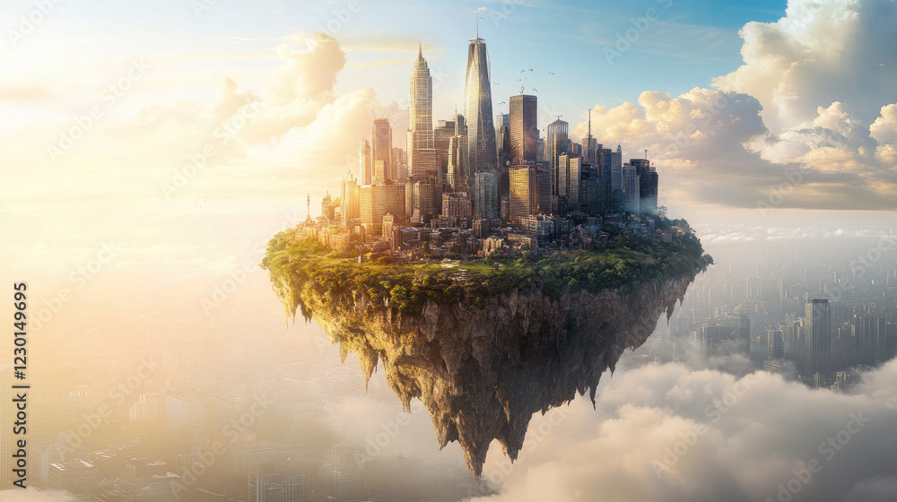 Naklejka premium Floating Island Village Above the Clouds - Surreal Fantasy Landscape