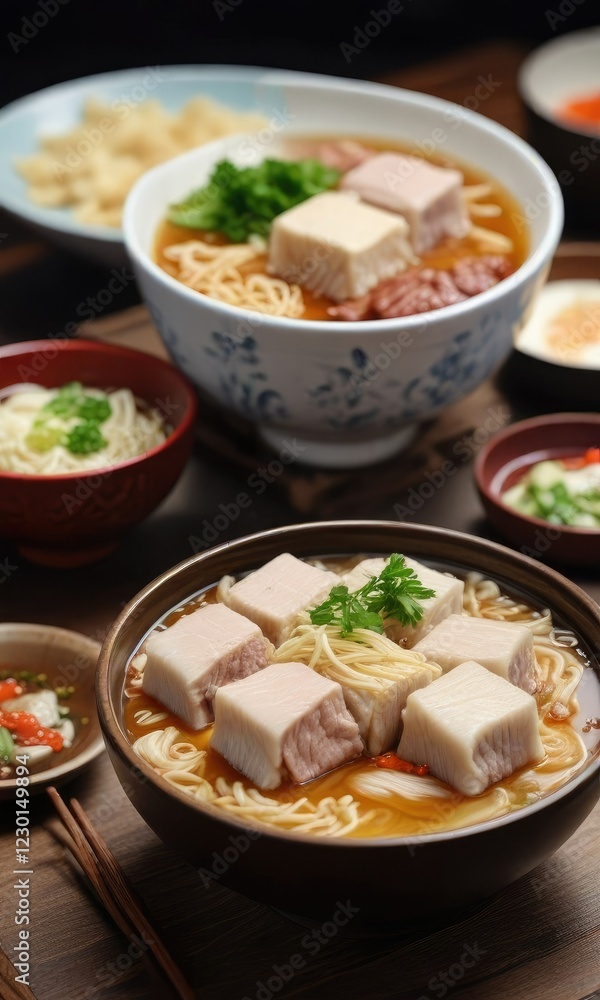 Plate of steamed enoki mushroom fatty beef rolls served in a traditional Chinese soup bowl, steamed rolls, savory dish Plate of steamed enoki mushroom fatty beef rolls served in a traditional Chinese soup bowl, steamed rolls, savory dish