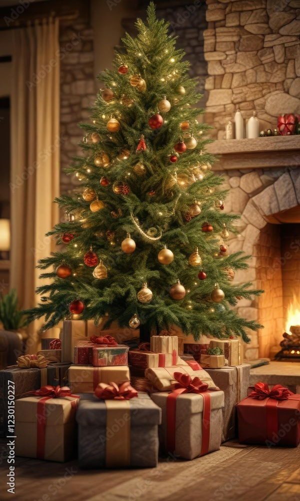 Presents piled high around the base of a Christmas tree in front of a large stone fireplace with a warm glow , cozy interior, Christmas tree