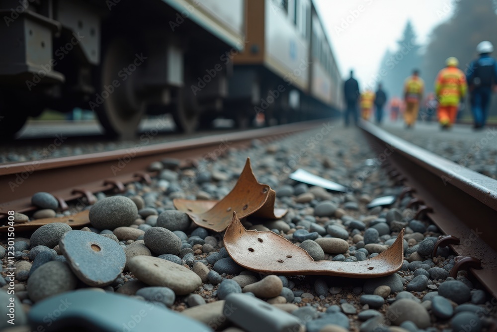 A close-up of scattered debris from a train crash, including pieces of metal and personal belongings. Emergency responders are seen working in the blurred background A close-up of scattered debris from a train crash, including pieces of metal and personal belongings. Emergency responders are seen working in the blurred background