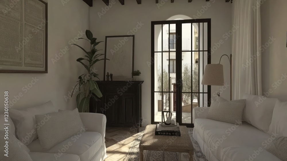 Fototapeta premium Serene Living Room with French Doors and Natural Light