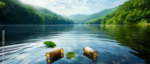 Wallpaper Mural Serene and tranquil reservoir nestled in a lush verdant forest landscape with drifting bottles on the calm Torontodigital.ca