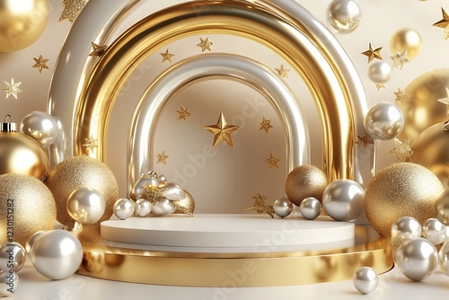 3D render, abstract background with golden and silver metallic elements, luxury podium display photo