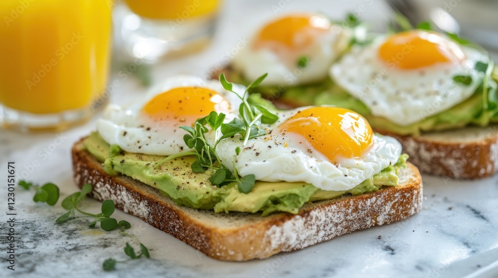 Avocado toast topped with poached eggs, cherry tomatoes, and microgreens, served on a white plate with a clean white background, Avocado toast topped with poached eggs, cherry tomatoes, and microgreens, served on a white plate with a clean white background,