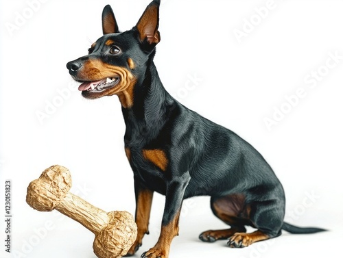 Manchester Terrier is caught in profile while happily chewing bone. setting is bright and clean emphasizing dog's sleek coat and playful demeanor. photo