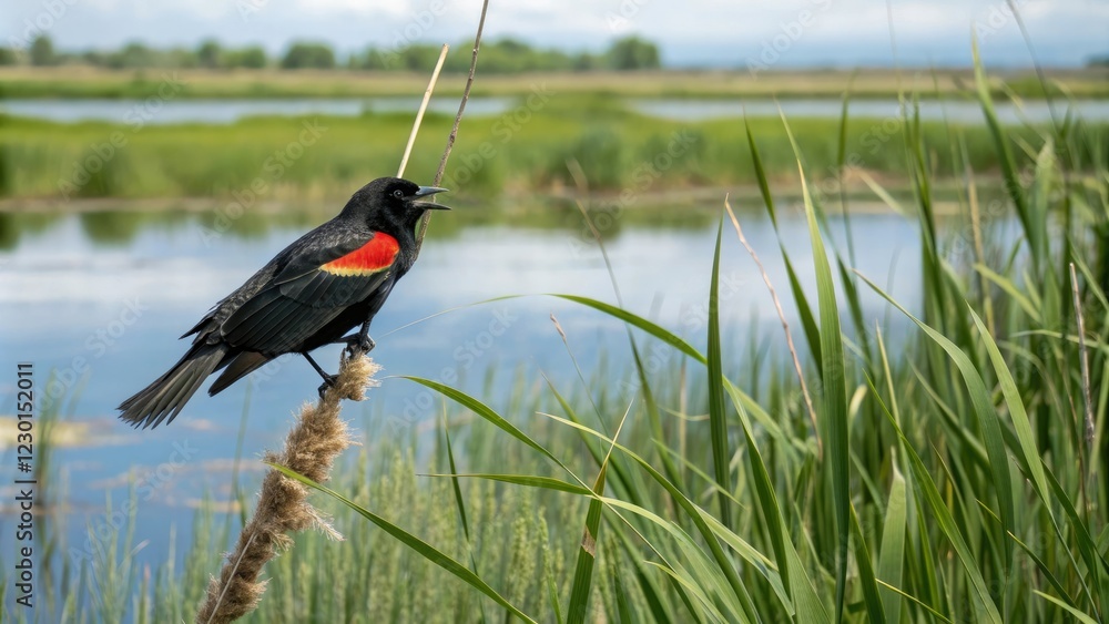 Red-winged blackbird in wetland environment, habitat adaptation, agelaius phoeniceus, avian behavior, water body, biodiversity conservation
