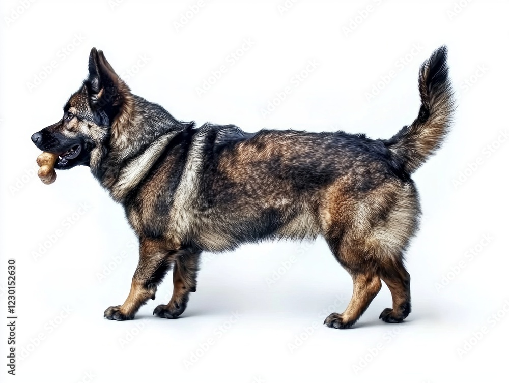 Norwegian Elkhound is chewing enthusiastically on bone while standing against clean white background. dog's fur displays rich textures and colors showcasing its playful nature. Norwegian Elkhound is chewing enthusiastically on bone while standing against clean white background. dog's fur displays rich textures and colors showcasing its playful nature.