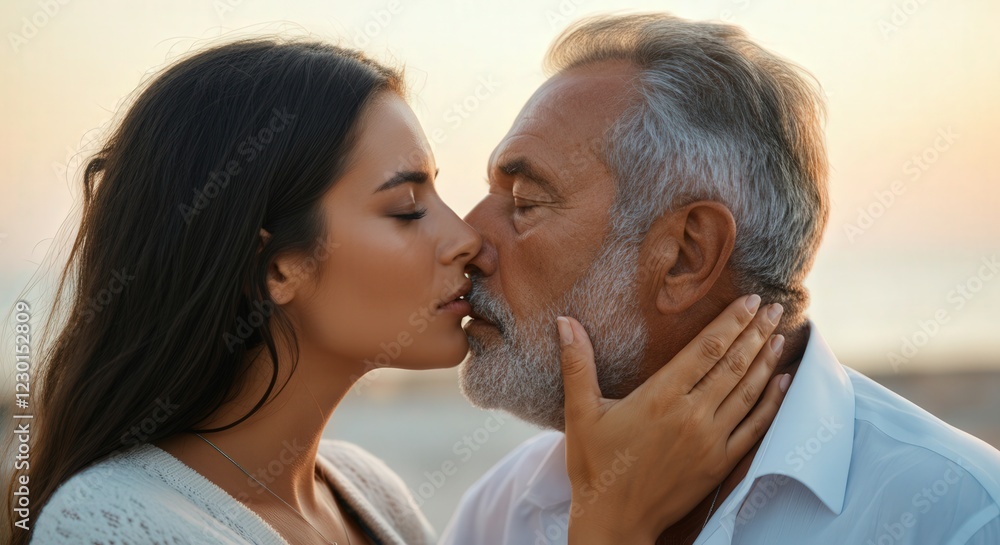 Diverse couple sharing a tender moment at sunset by the beach Diverse couple sharing a tender moment at sunset by the beach