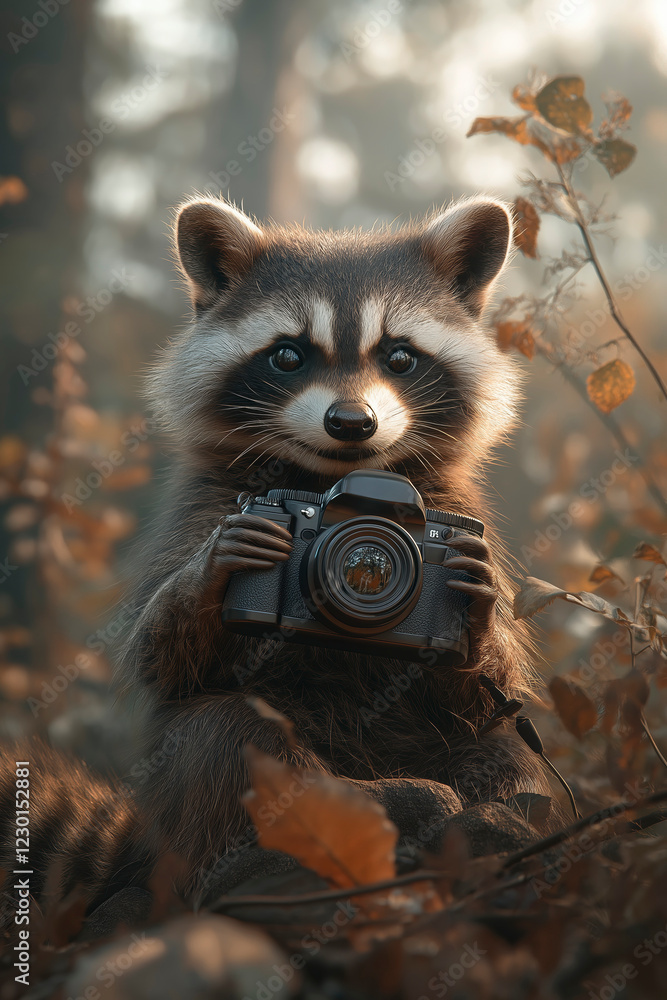 Obraz premium Curious raccoon captures wilderness moments with its camera in a sun-drenched forest at dawn. Generative AI