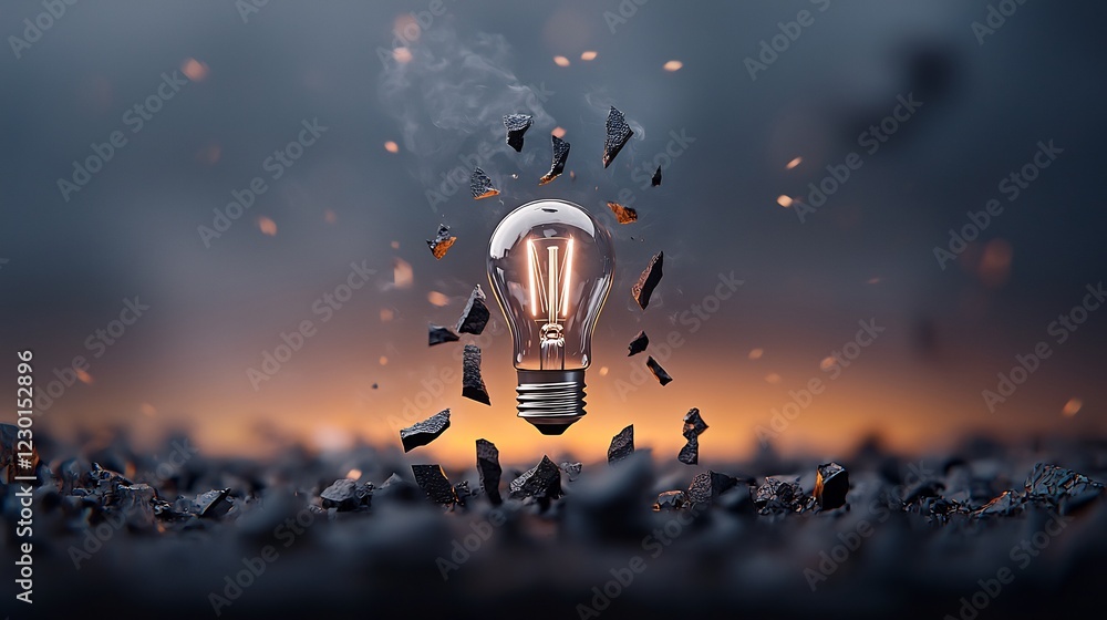 A shattered light bulb surrounded by debris, glowing warmly against a dramatic sunset backdrop A shattered light bulb surrounded by debris, glowing warmly against a dramatic sunset backdrop