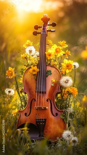 Violin in a Field of Yellow Flowers at Sunset