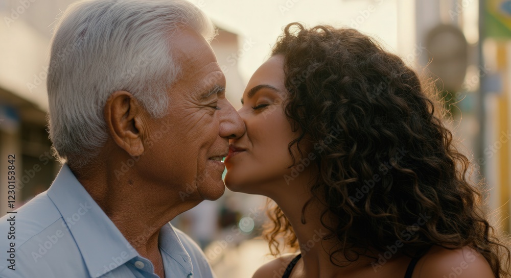 Fototapeta premium Intergenerational connection and affection: elderly caucasian man and young hispanic woman in urban embrace