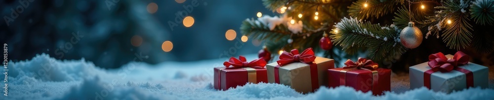 Sparkling lights on a Christmas tree amidst snowy pine, evergreen, presents Sparkling lights on a Christmas tree amidst snowy pine, evergreen, presents