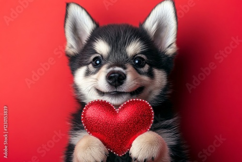 Marketing concept. Swedish vallhund - my treasured dog. Cute swedish vallhund pup with sparkling rhinestones red heart - emblem of love, funny greeting card. Romantic animal love photography. photo