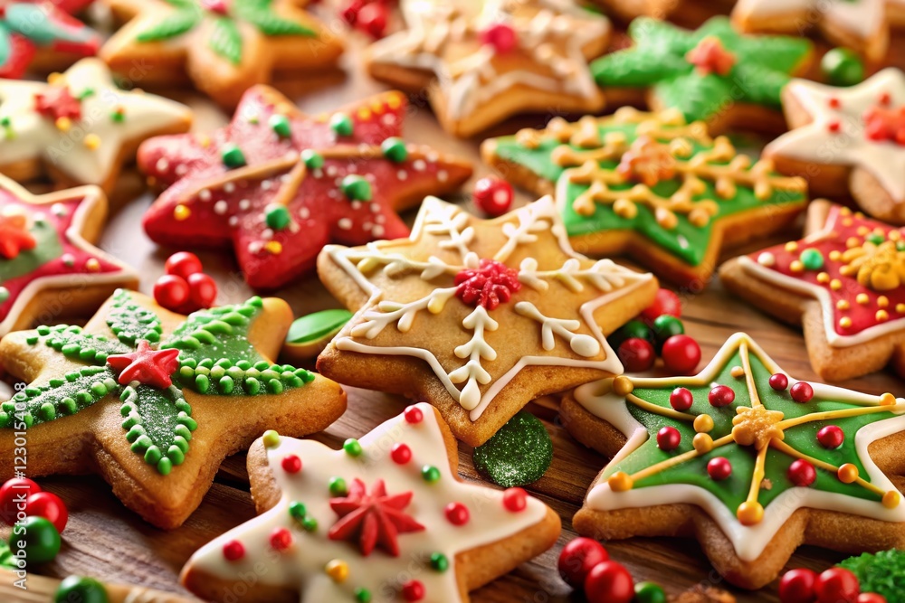 Festive Tilt-Shift Photo: Vibrant Christmas Cookies with Star Border Festive Tilt-Shift Photo: Vibrant Christmas Cookies with Star Border