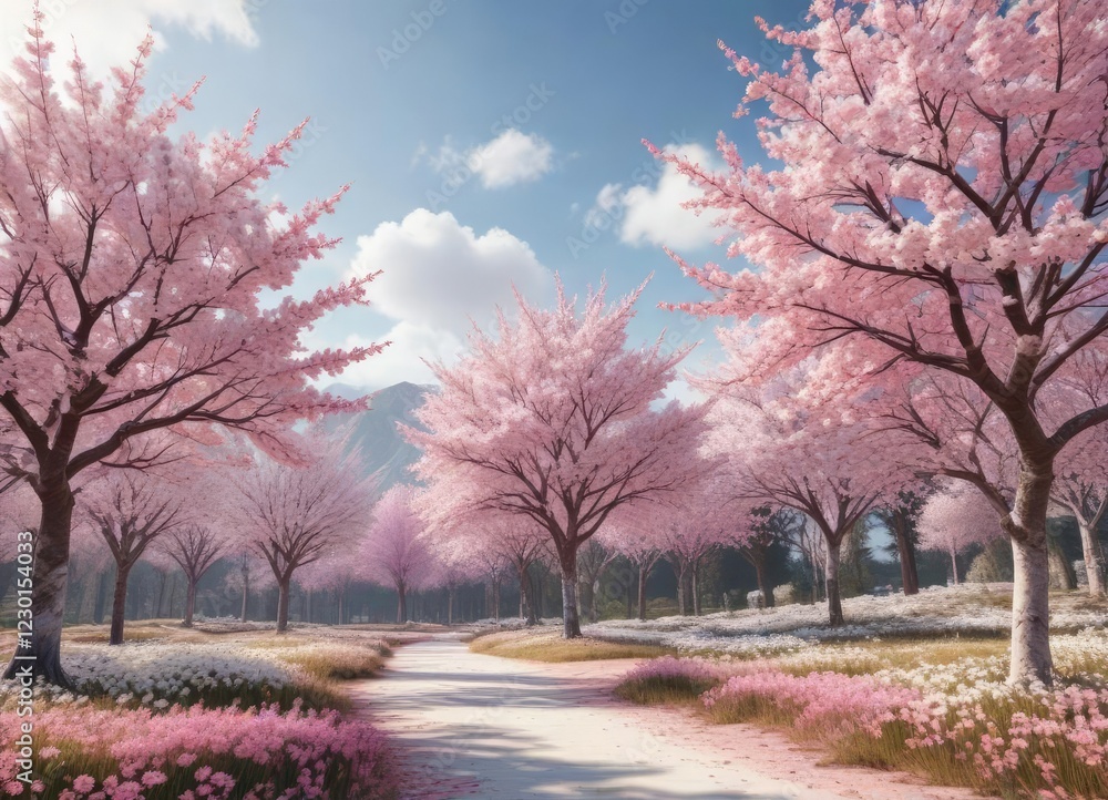 Scenic view of white and pink trees in full bloom in a springtime setting, flora, canvas, white, pink Scenic view of white and pink trees in full bloom in a springtime setting, flora, canvas, white, pink
