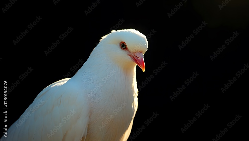 A luminous white dove  highlighting its elegance and purity isolated in black canvas.

