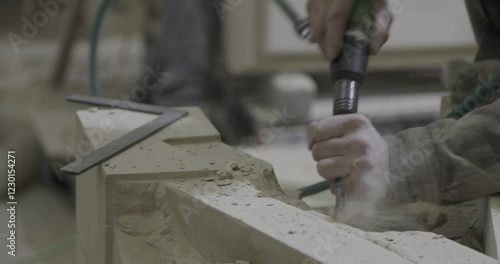 stonemason chiseling and working on part of gothic cathedral