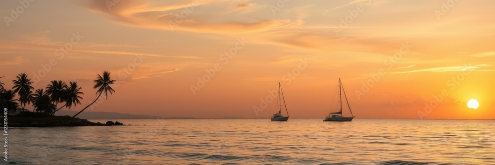 Seaside at sunset with sailboats and palm trees, palm trees, , beach scene Seaside at sunset with sailboats and palm trees, palm trees, , beach scene