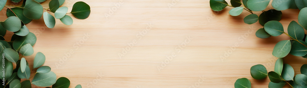 Fototapeta premium Natural eucalyptus leaves arranged on a wooden background, perfect for nature-themed designs.