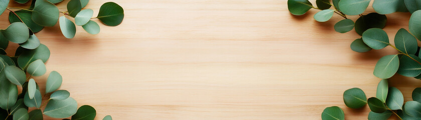 Natural eucalyptus leaves arranged on a wooden background, perfect for nature-themed designs.