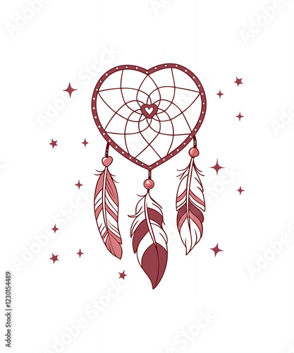 Hand drawn Native American Indian talisman dreamcatcher heart with feathers. Vector hipster illustration isolated on white. Ethnic design, boho chic, tribal symbol.