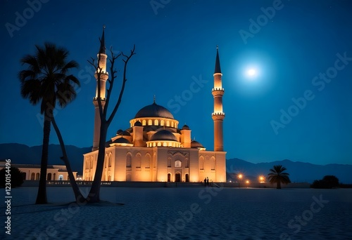 Stunning Night Mosque Landscape Under Full Moon photo